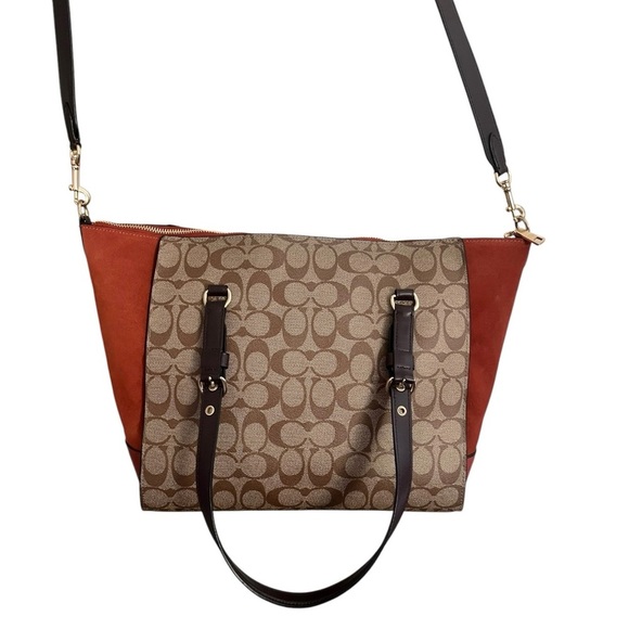 Coach Kleo Orange Suede Signature Canvas Logo Brown Zipper Tote Carryall Bag - Picture 4 of 13